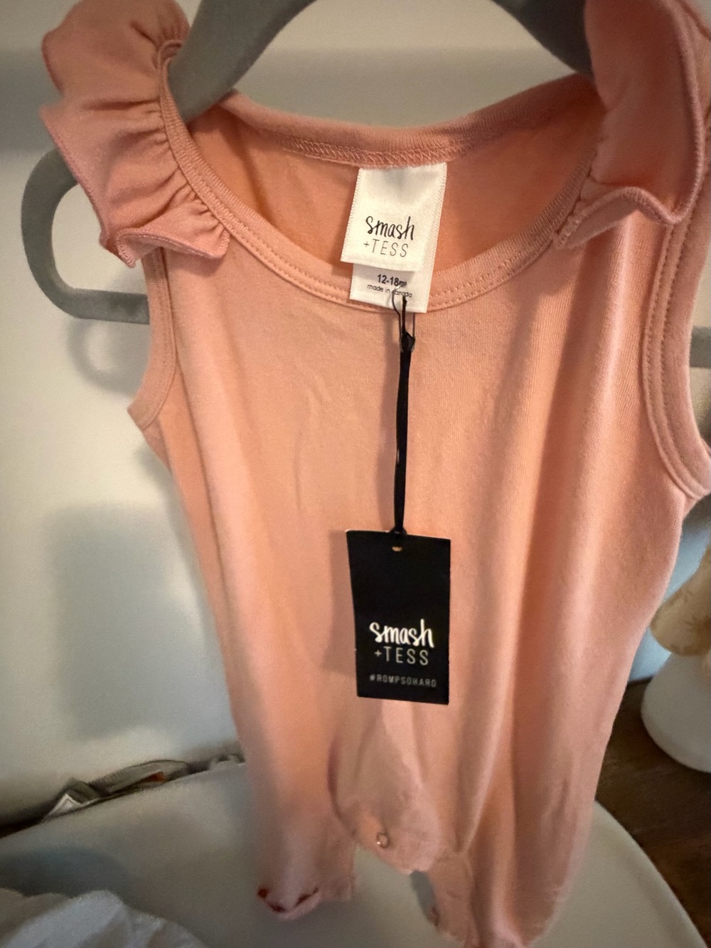 Smash + Tess Blush Pink Ruffle Shoulder Baby Romper - Picture 2 of 2